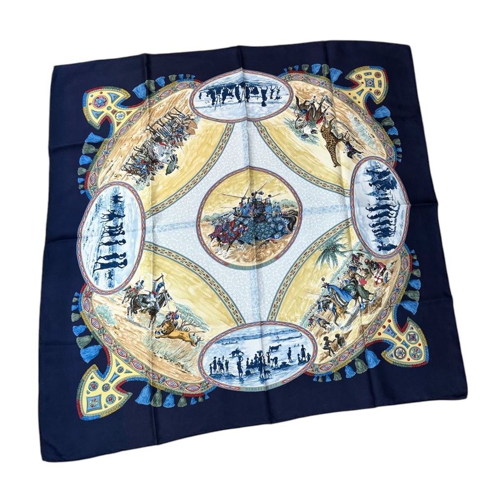 Designer Navy Blue Silk Scarf with Equestrian Print